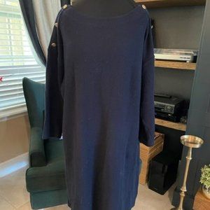2X Talbots navy sweater dress with gold button detailing on shoulders NWOT